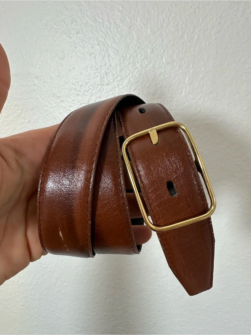 Vintage Classic Brown Leather Belt Sleek Solid Brass Buckle Minimalist Size S